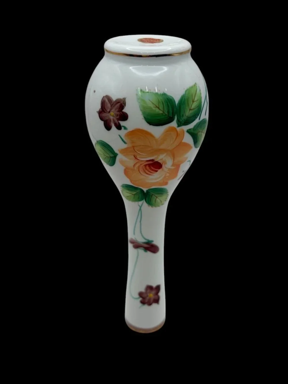Vintage Hand Painted White Opaline Bud Vase Floral Enamel Glass Vase Gold Rim 8